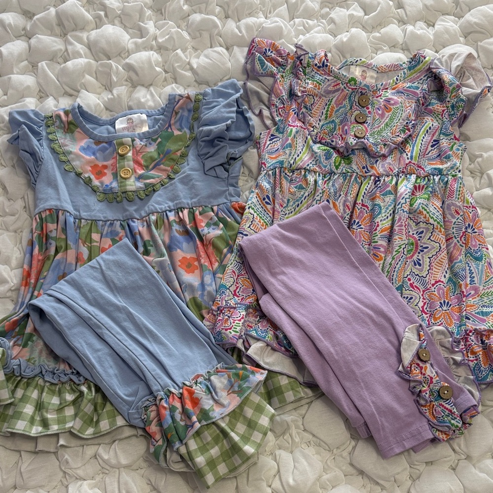 Ruffle Girls Cute Spring Floral & Paisley Girls Dress Sets in Blue and Lavender